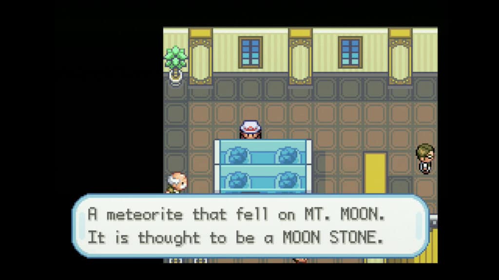 The Pewter Museum of Science, Mt. Moon meteorite. Screen capture of Pokémon: LeafGreen, 2004 (captured 2026), The Strong, Rochester, New York.