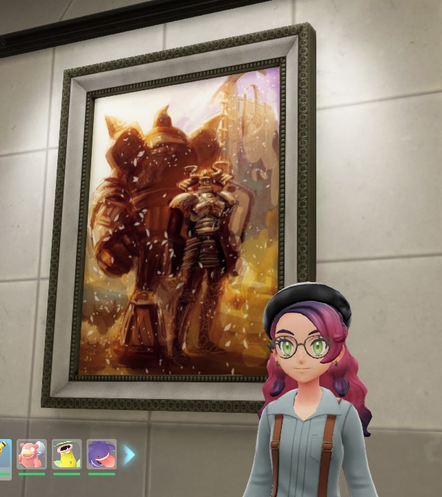 Lumiose City Museum, Golurk and the Knight. Screen capture of Pokémon Legends: A-Z, 2025 (captured 2026), courtesy of the author.