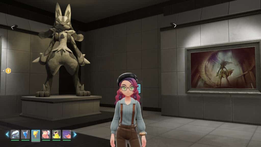 Lumiose City Museum, Lucario statue. Screen capture of Pokémon Legends: A-Z, 2025 (captured 2026), courtesy of the author.