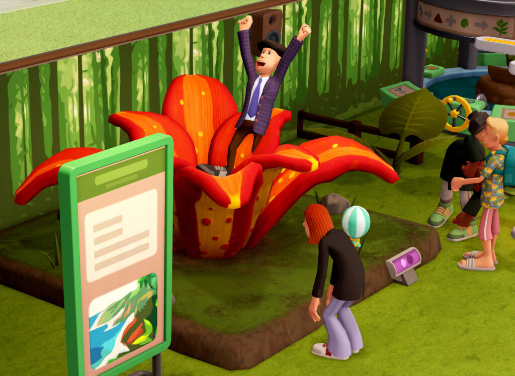A guest jumping into a Blooming Buffoon exhibit at Memento Mile. Screen capture of Two Point Museum, 2025 (captured 2026), courtesy of the author.