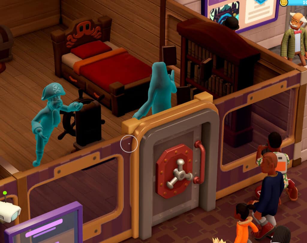 An exhibit featuring a ghost pirate and ghost Yeti at Wailon Lodge. Screen capture of Two Point Museum, 2025 (captured 2026), courtesy of the author.