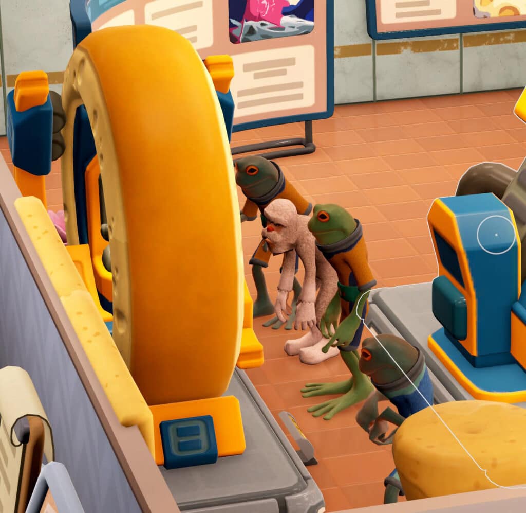 Frogborne and Yeti guests looking at a Cheese Free-Wheeler exhibit at Pebberley Heights. Screen capture of Two Point Museum, 2025 (captured 2026), courtesy of the author.