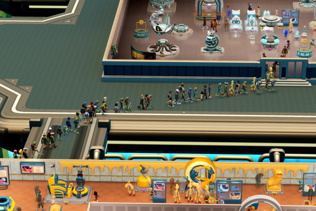 A line forms for a new expansion at Pebberley Heights. Screen capture of Two Point Museum, 2025 (captured 2025), courtesy of the author.