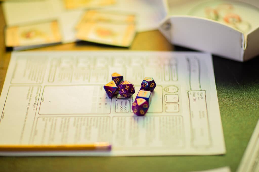 Dungeons & Dragons dice and character sheet. The Strong National Museum of Play, Rochester, New York.