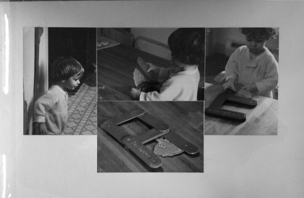 Photographs of a child engaging with a hands-on construction toy, where learning unfolds through manipulation, experimentation, and repeated attempts. Victor G. Reiling, Learning Stix Game. 1984. The Brian Sutton-Smith Library and Archives of Play, The Strong National Museum of Play, Rochester, NY.