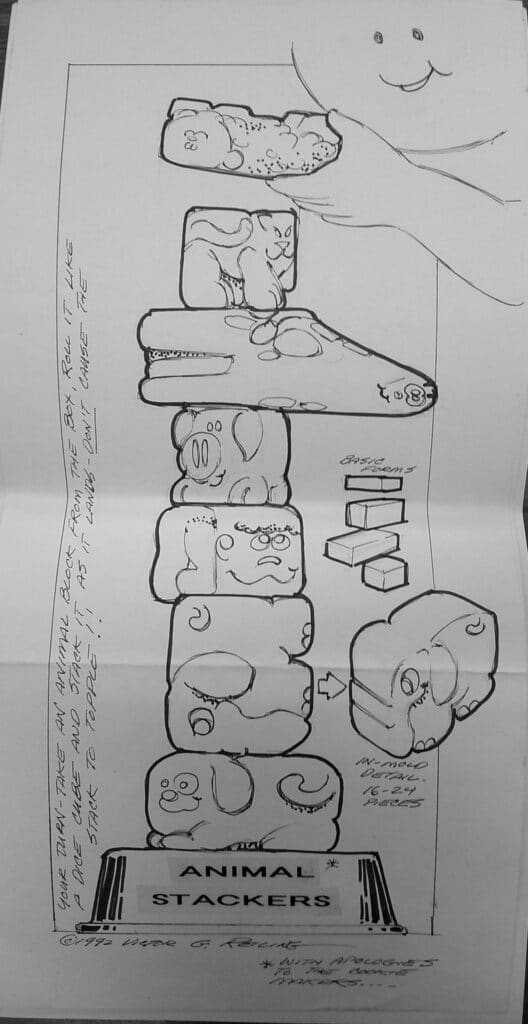 Concept sketch for a stacking toy, demonstrating how material form and structure guide interaction and play behavior. Victor G. Reiling, Various Product Proposals to Fisher-Price. 1992. The Brian Sutton-Smith Library and Archives of Play, The Strong National Museum of Play, Rochester, NY.