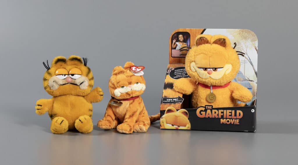 From left to right: Garfield plush, about 1995, Gift of Amy Kristina Adams. Garfield plush, “Garfield: The Movie”, 2004, Gift of Dana Scott-Turkovich. Garfield dancing plush, “The Garfield Movie: Dancing Garfield”, 2024. The Strong National Museum of Play, Rochester, New York.