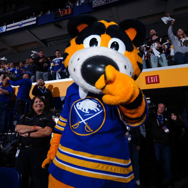 Buffalo Sabres' mascot, Sabretooth, pointing at the camera during a Sabres' Game