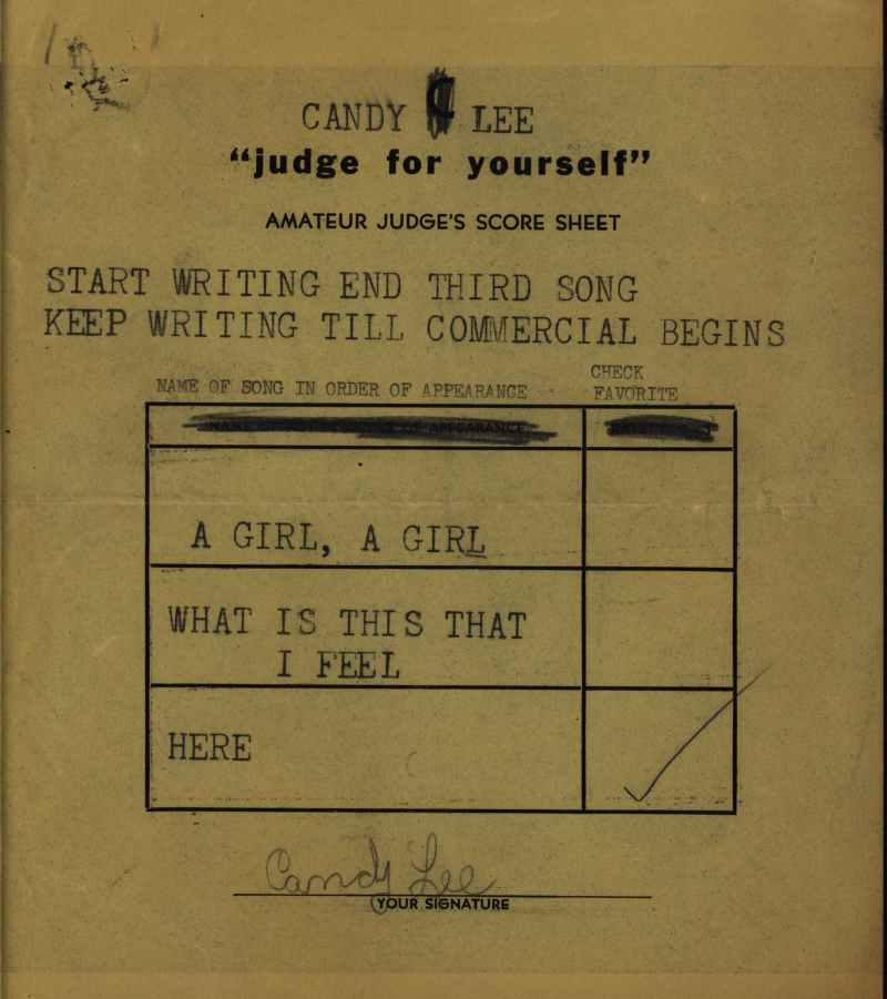 Judge For Yourself score sheet. Candy Lee papers, The Brian Sutton-Smith Library and Archives of Play at The Strong National Museum of Play, Rochester, New York.