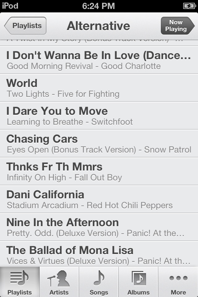Music playlist, screen capture of iPod Touch, 2010 (captured 2026), courtesy of the author.