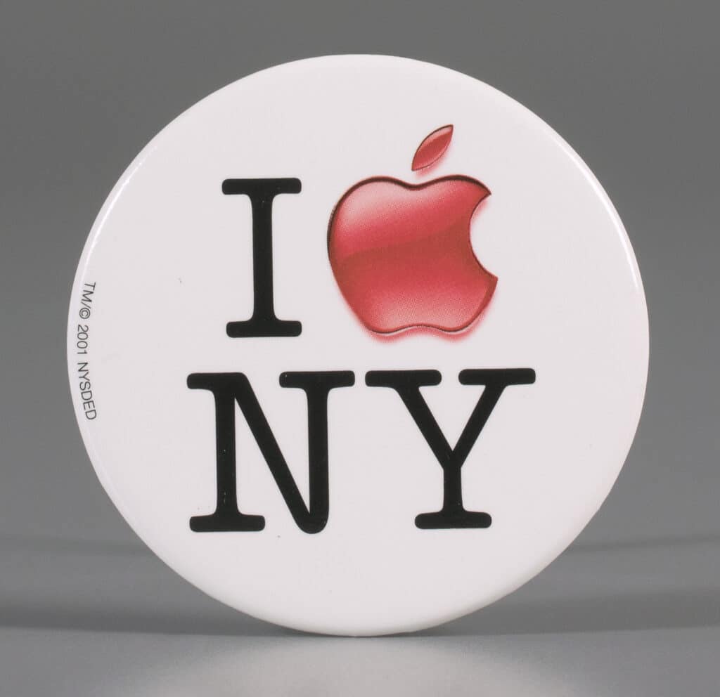 Apple I Love New York pin, 2001, gift of Mary and Tom Myers, The Strong, Rochester, NY.