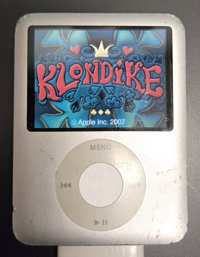 Klondike and Vortex games on 3rd generation iPod Nano, 2007 (captured 2026), courtesy of the author.
