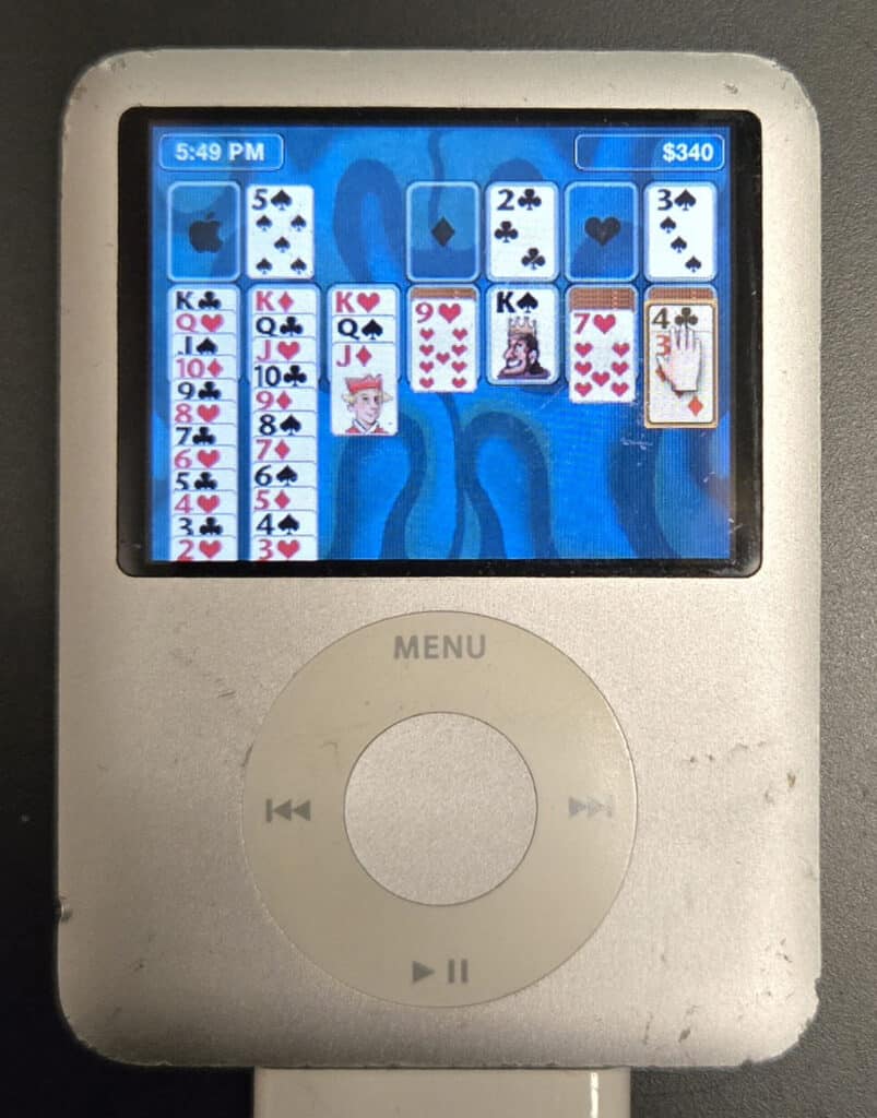 Klondike and Vortex games on 3rd generation iPod Nano, 2007 (captured 2026), courtesy of the author.