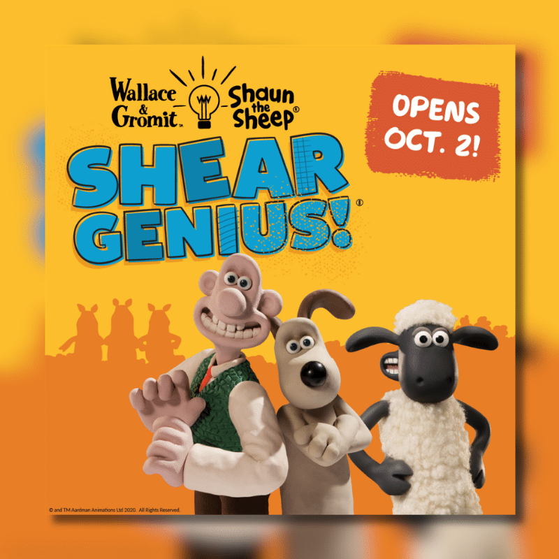 Exhibit graphic showing Wallace, Gromit, and Shaun the Sheep
