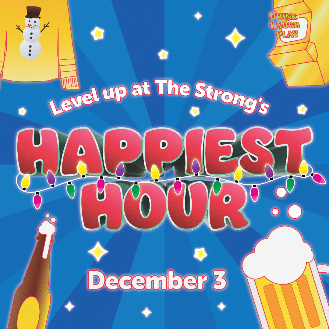 Graphic showing an ugly sweater, drinks, and an arcade game with text that reads "Happiest Hour, December 3"